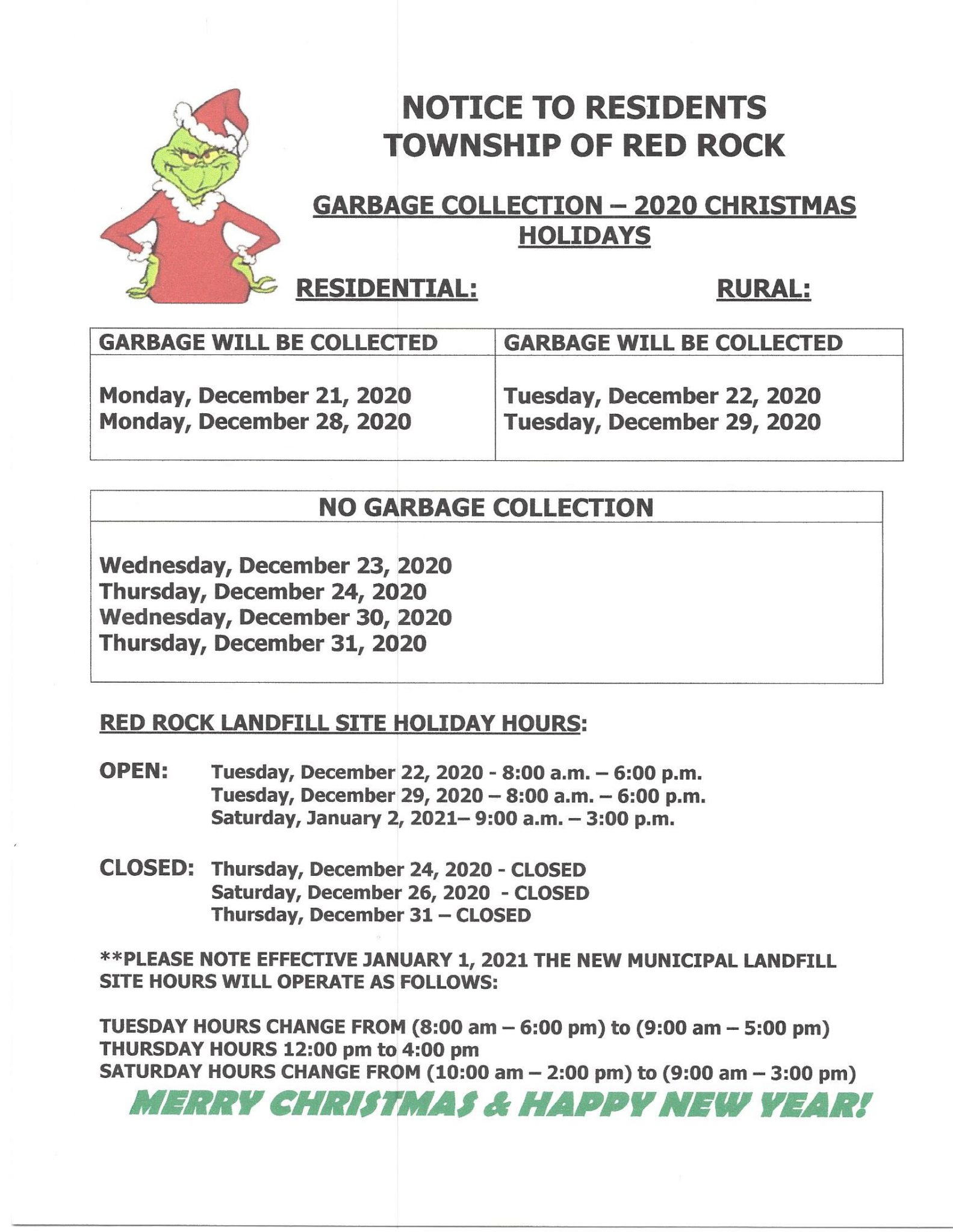 GARBAGE COLLECTION 2020 CHRISTMAS HOLIDAYS - Red Rock Township