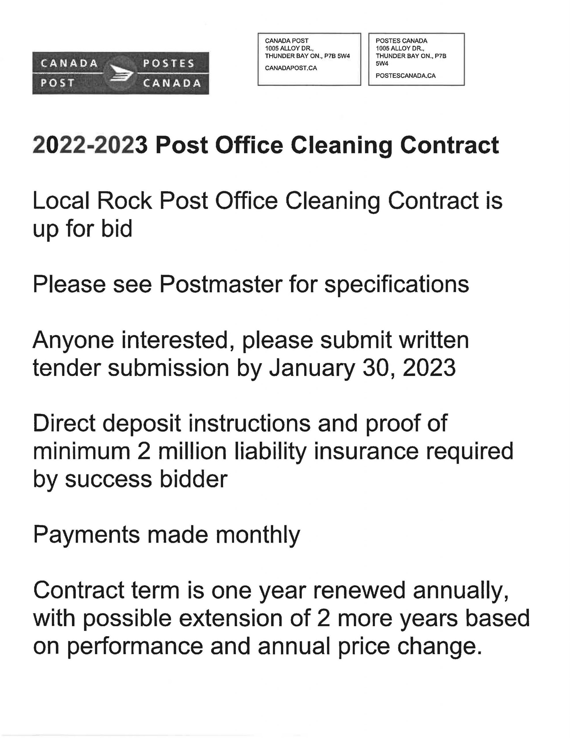 Contract Opportunity: Canada Post Cleaning Contract - Red Rock Township