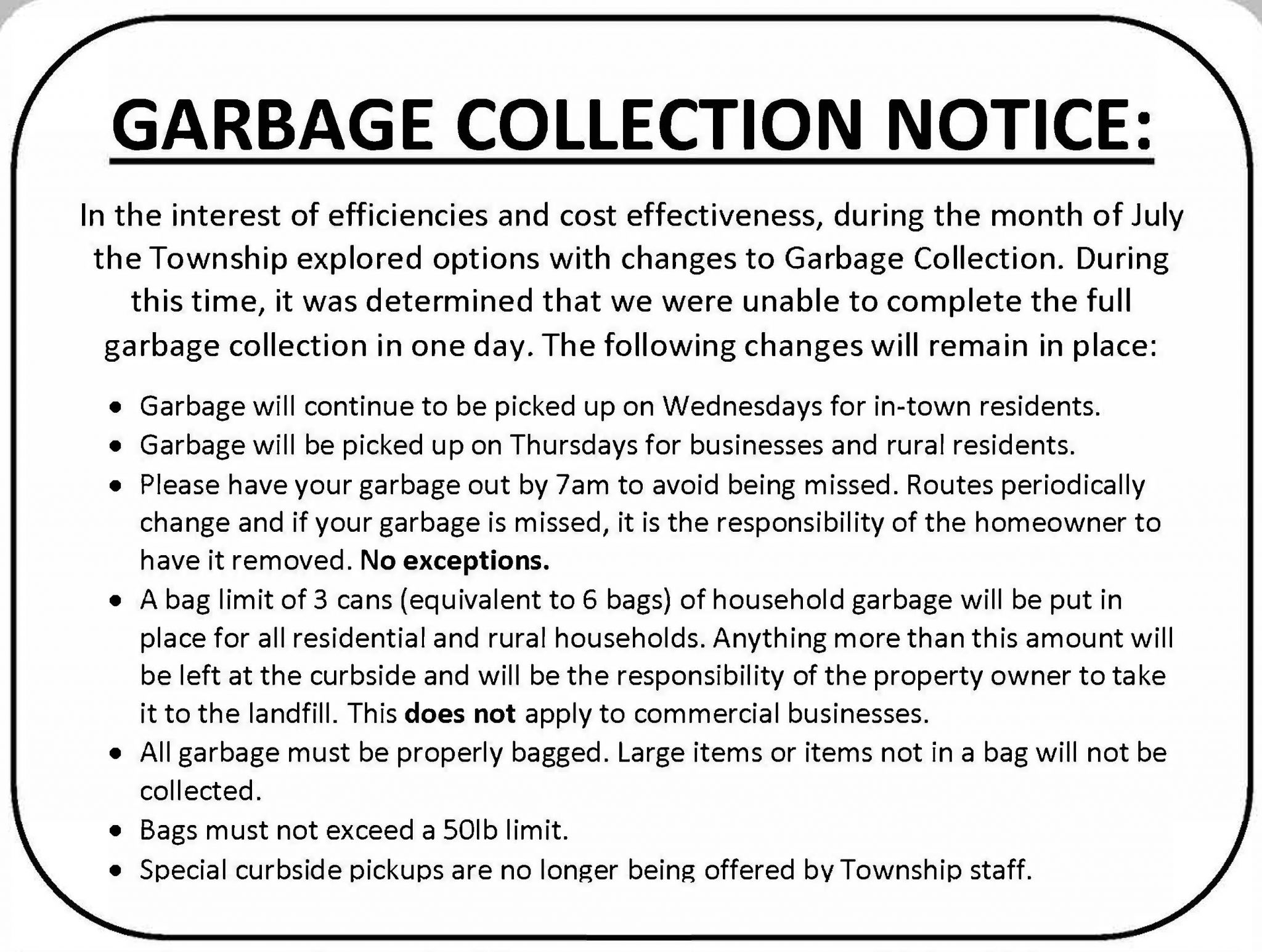 Garbage Collection Update Red Rock Township